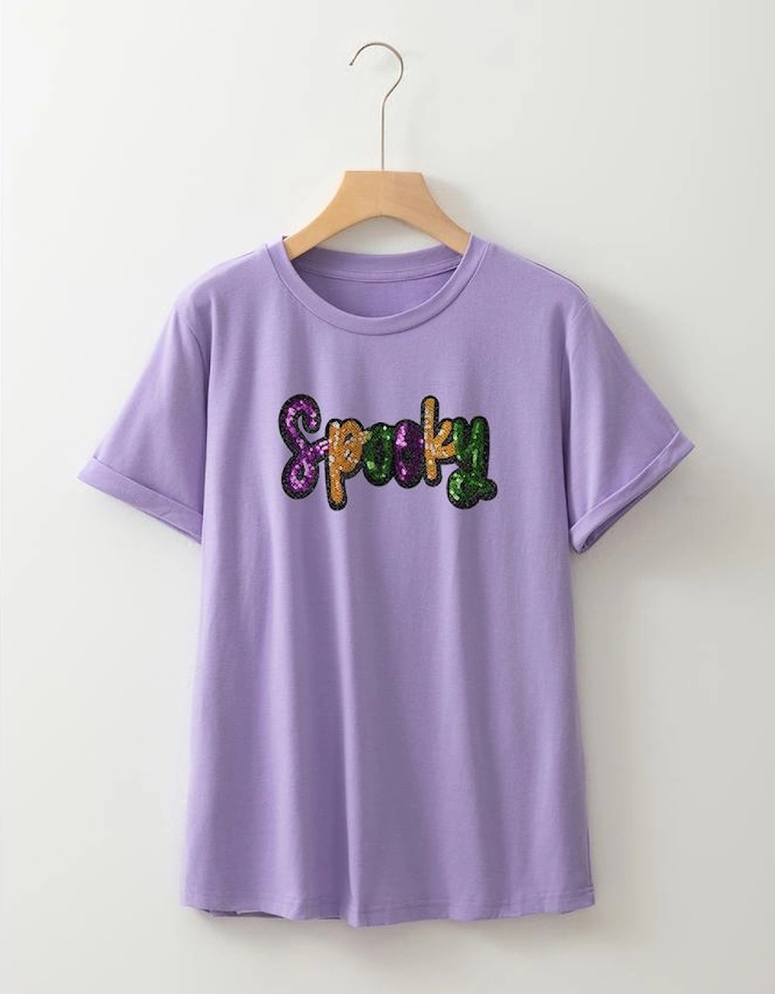 Wisteria Spooky Sequin Letter Patched Cotton Blend T Shirt