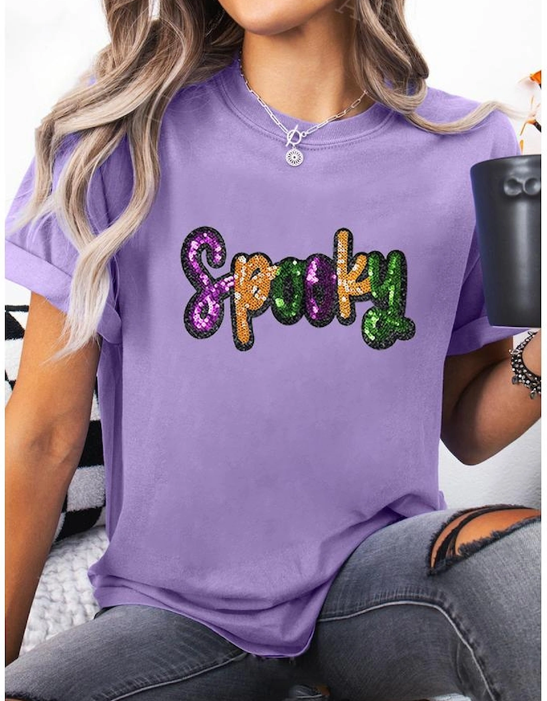 Wisteria Spooky Sequin Letter Patched Cotton Blend T Shirt
