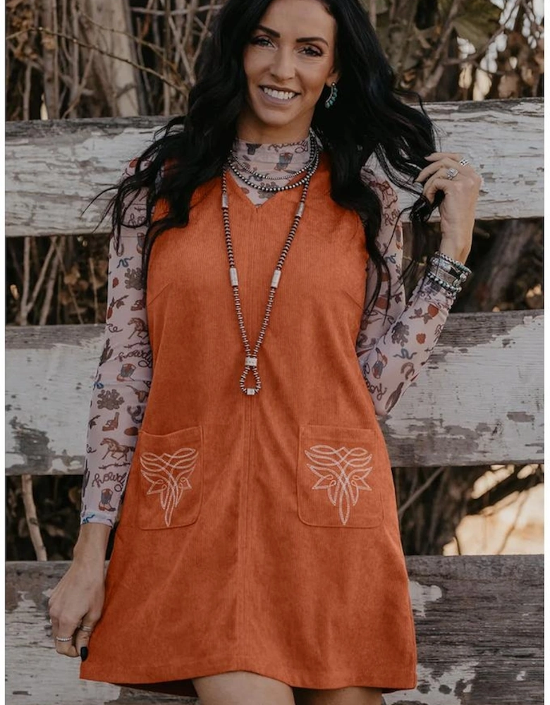 Gold Flame Corduroy Western Embroidered Patched Pocket Shift Sleeveless Mini Dress