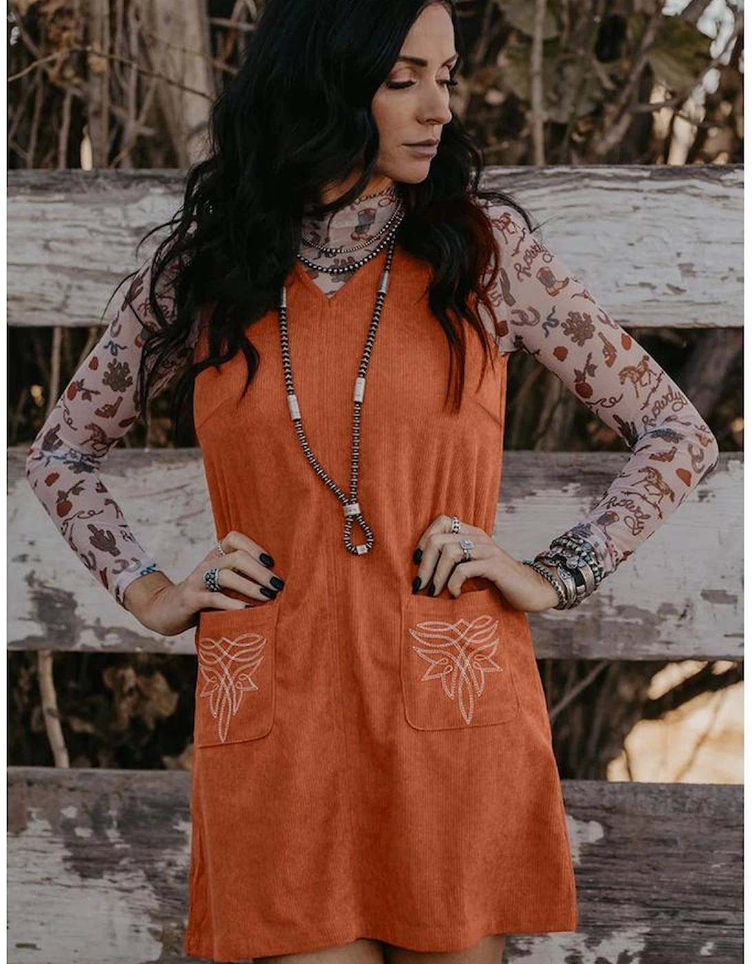 Gold Flame Corduroy Western Embroidered Patched Pocket Shift Sleeveless Mini Dress