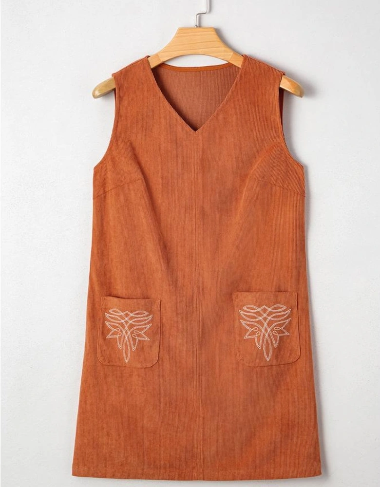 Gold Flame Corduroy Western Embroidered Patched Pocket Shift Sleeveless Mini Dress