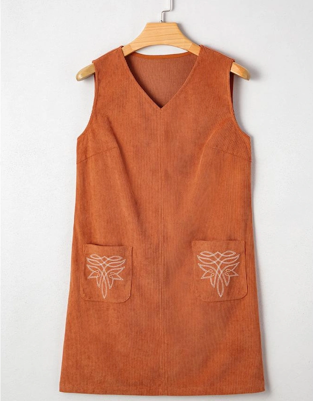 Gold Flame Corduroy Western Embroidered Patched Pocket Shift Sleeveless Mini Dress