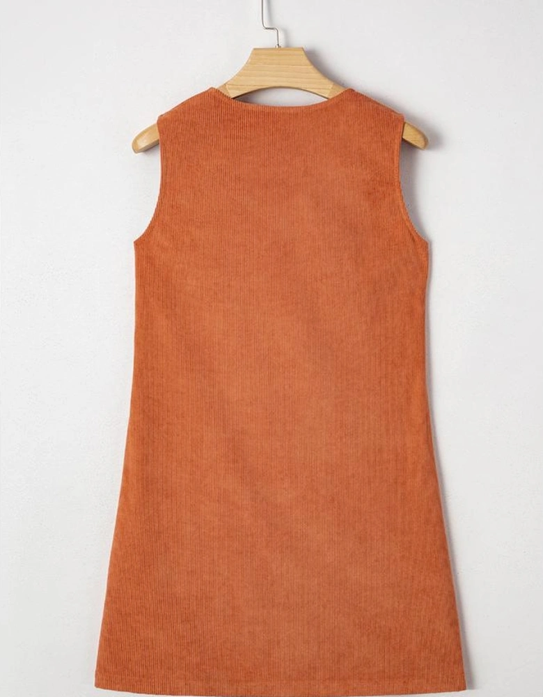 Gold Flame Corduroy Western Embroidered Patched Pocket Shift Sleeveless Mini Dress