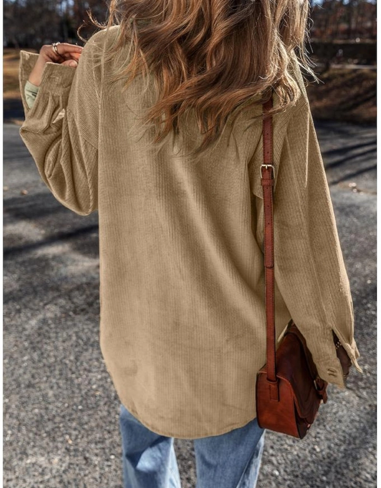 Light French Beige Patched Pocket Button Up Corduroy Shacket