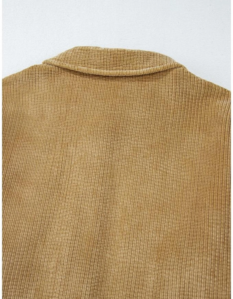 Light French Beige Patched Pocket Button Up Corduroy Shacket