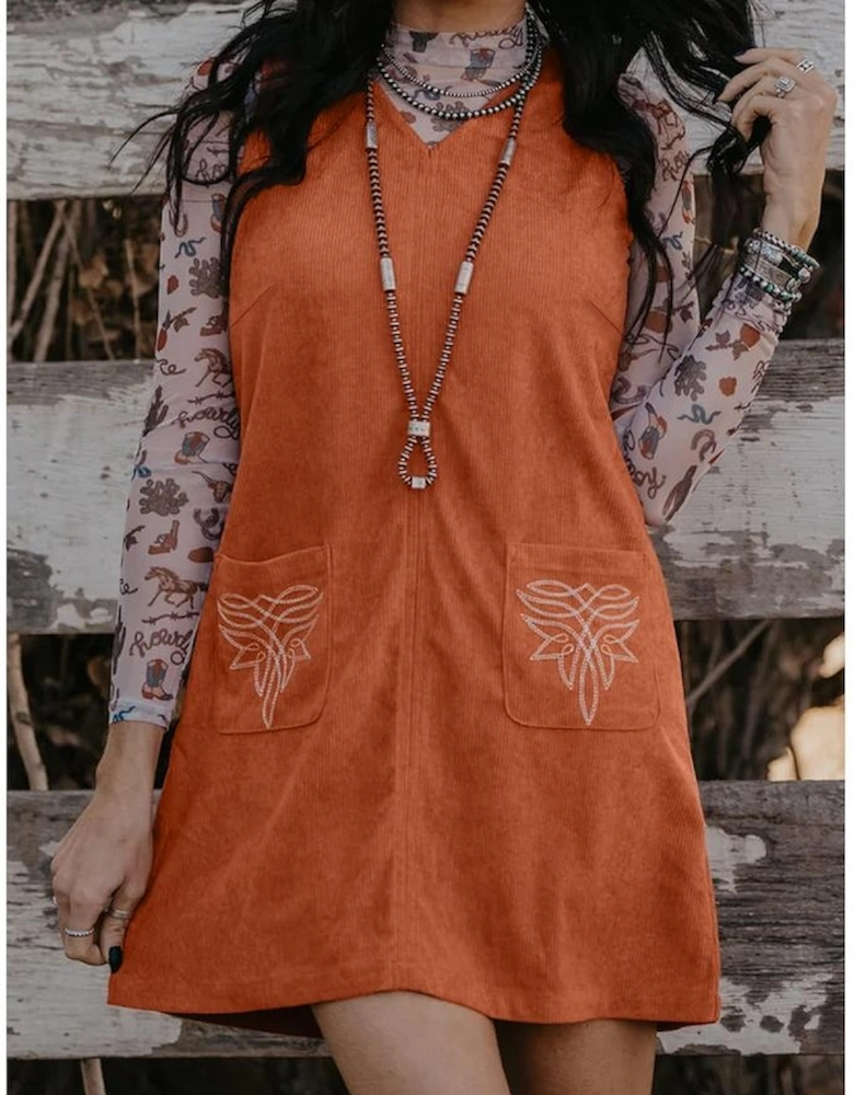 Gold Flame Corduroy Western Embroidered Patched Pocket Shift Sleeveless Mini Dress