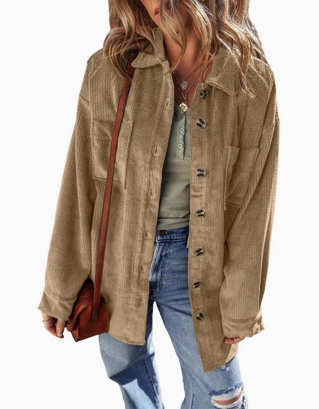 Light French Beige Patched Pocket Button Up Corduroy Shacket, 12 of 11