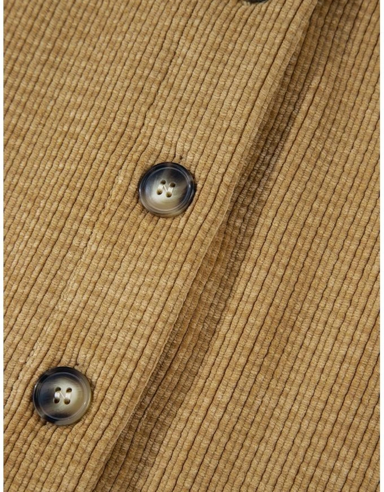 Light French Beige Patched Pocket Button Up Corduroy Shacket