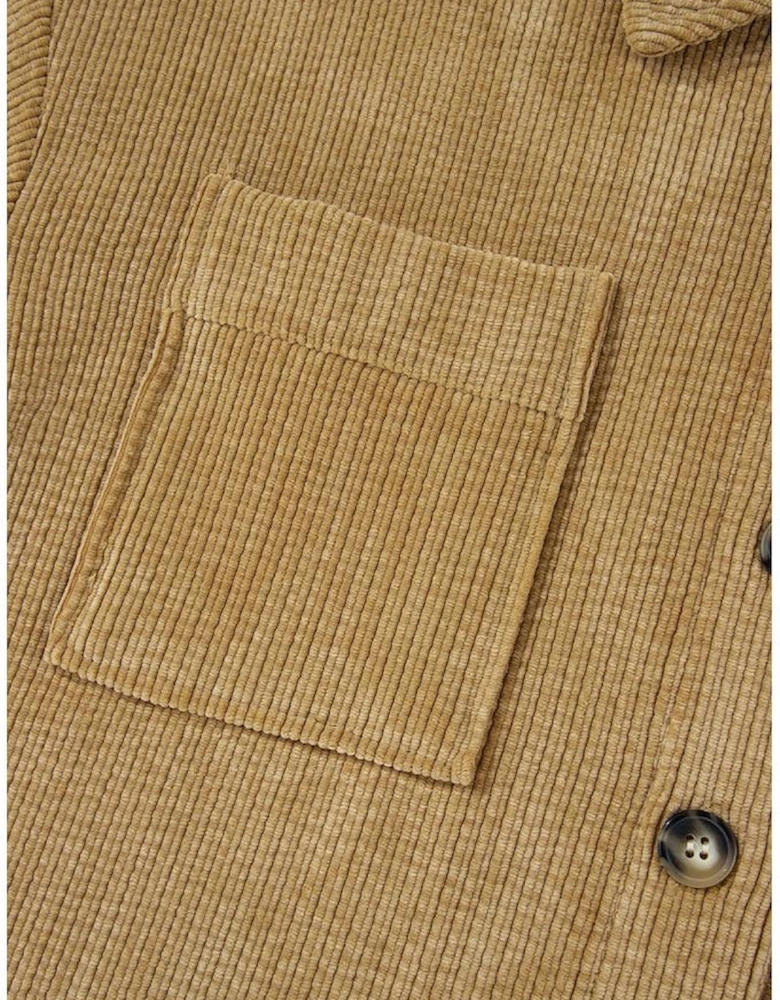 Light French Beige Patched Pocket Button Up Corduroy Shacket