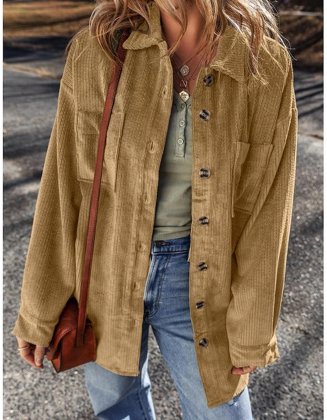 Light French Beige Patched Pocket Button Up Corduroy Shacket
