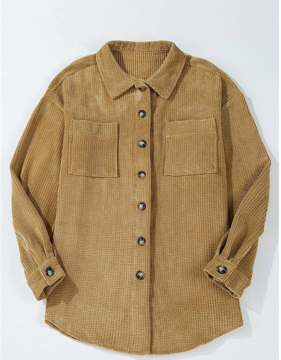Light French Beige Patched Pocket Button Up Corduroy Shacket