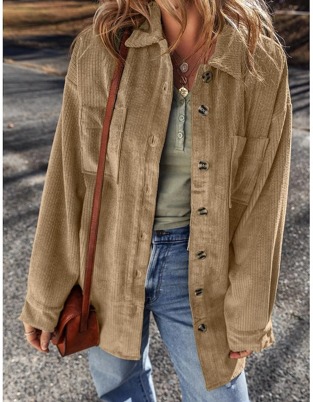Light French Beige Patched Pocket Button Up Corduroy Shacket