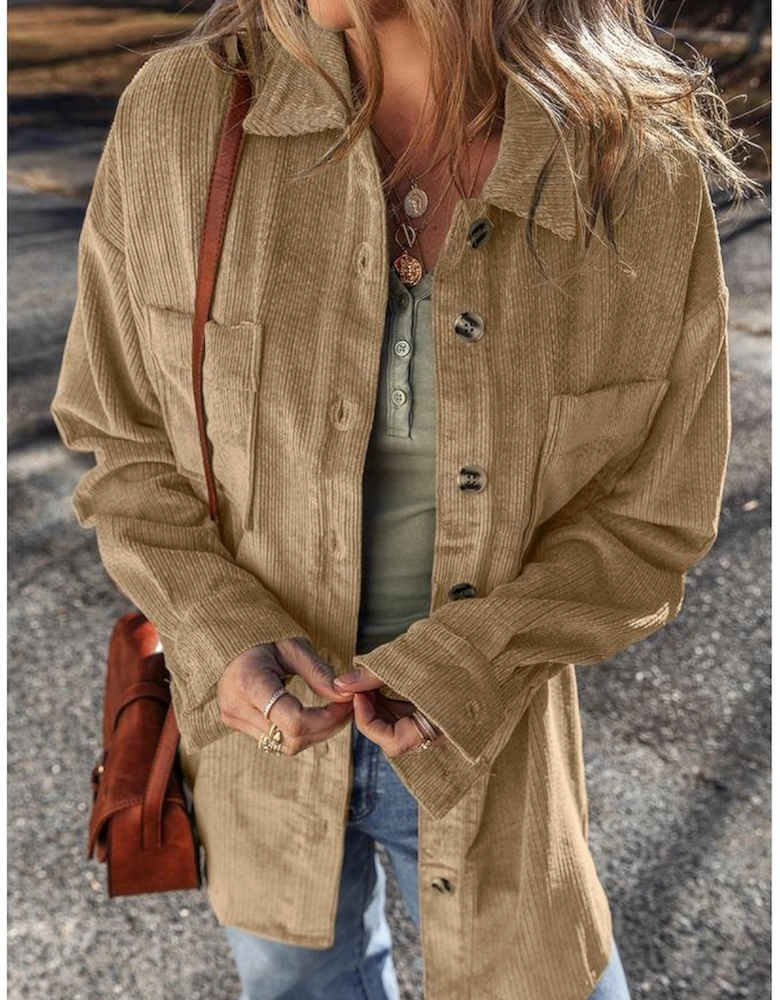 Light French Beige Patched Pocket Button Up Corduroy Shacket