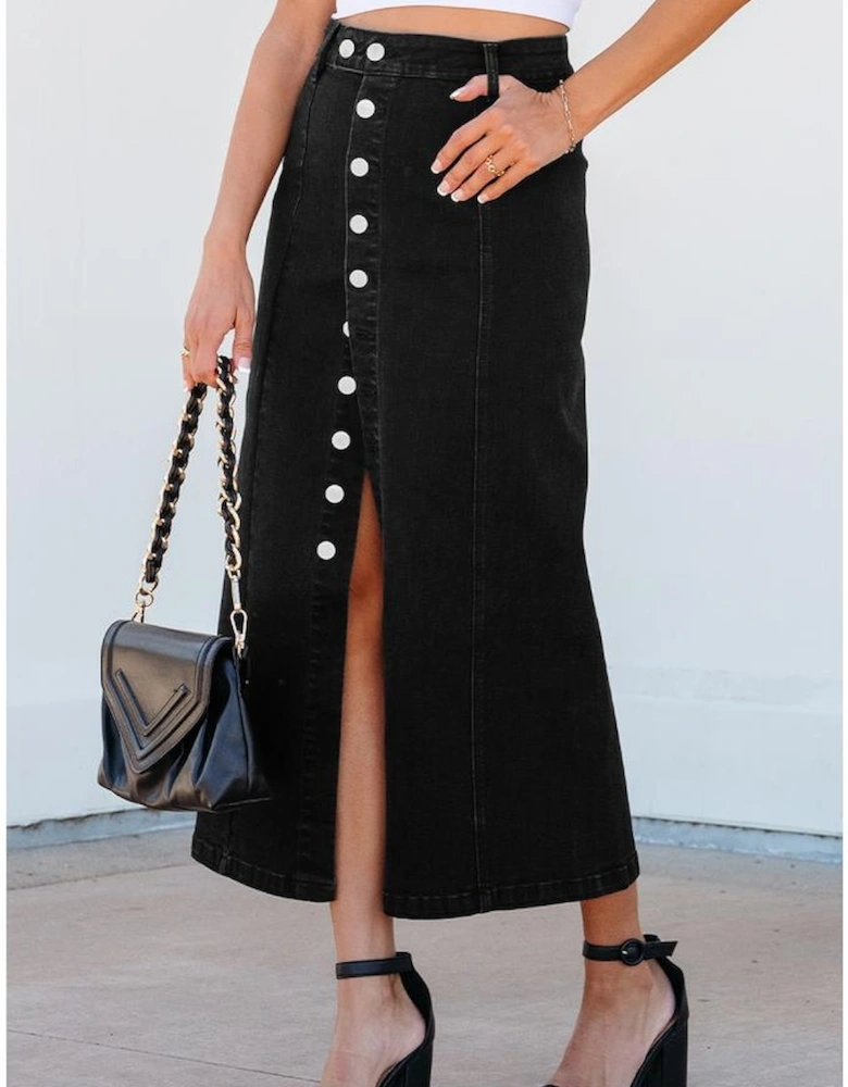 Black Button Fly Side Split High Waist Denim Midi Skirt