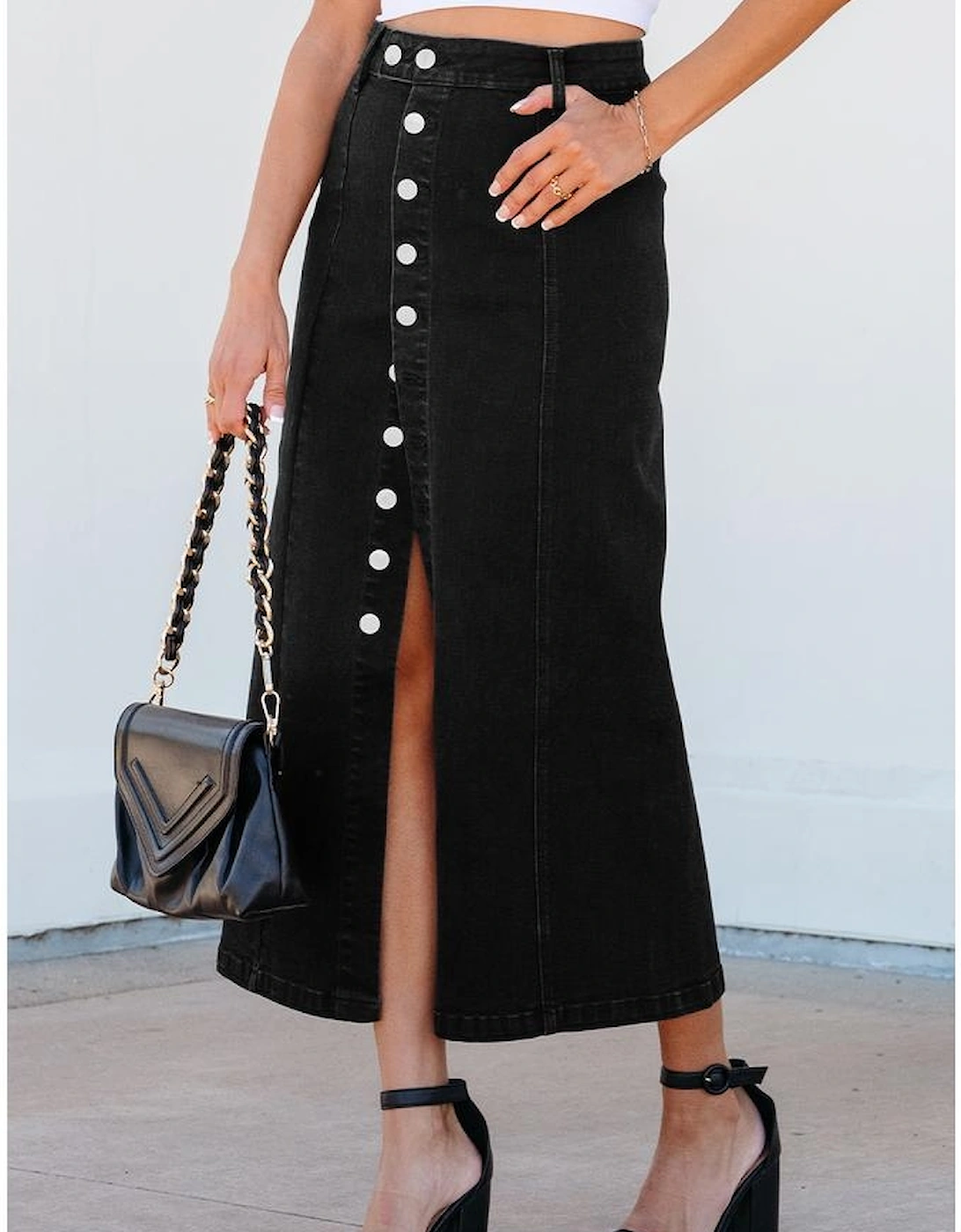 Black Button Fly Side Split High Waist Denim Midi Skirt