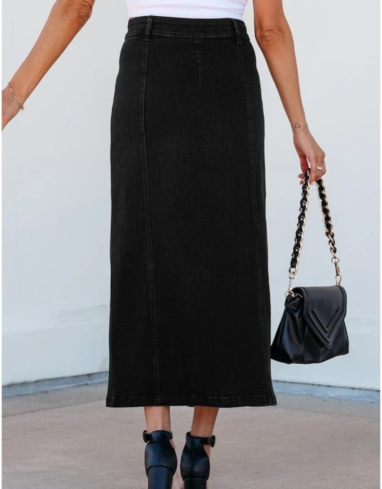 Black Button Fly Side Split High Waist Denim Midi Skirt