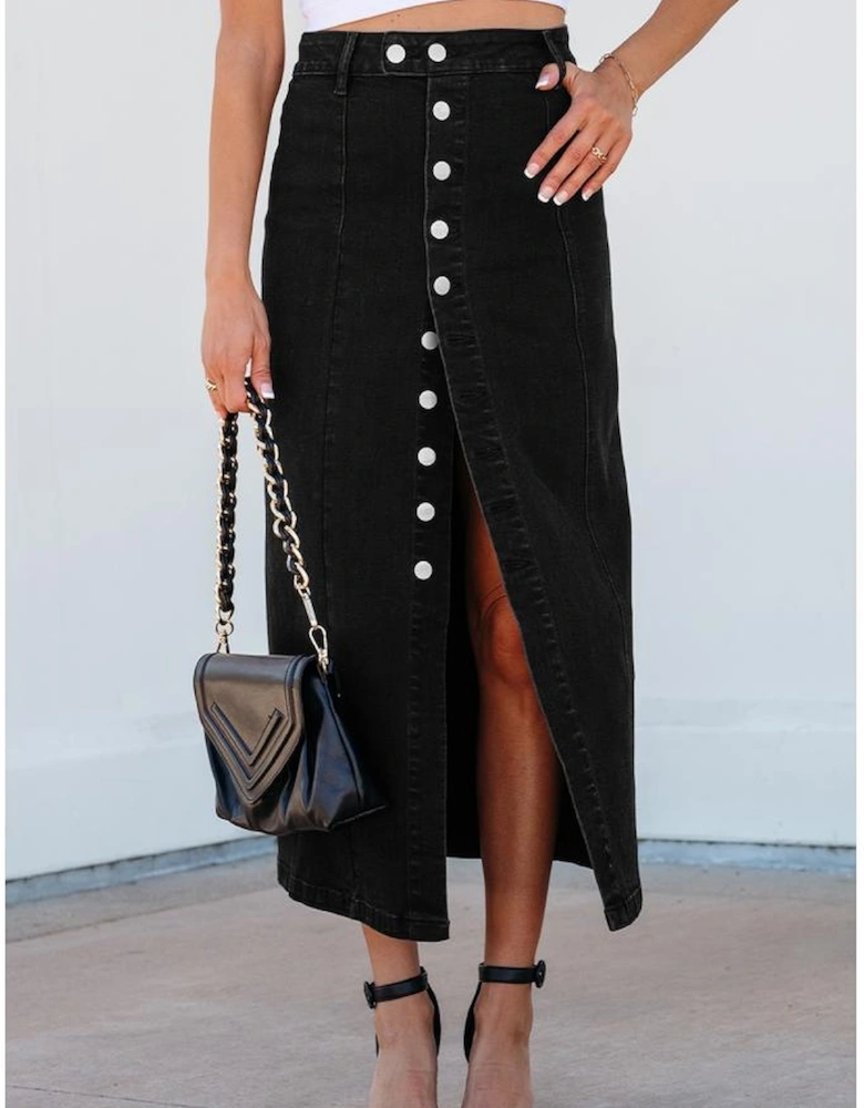 Black Button Fly Side Split High Waist Denim Midi Skirt