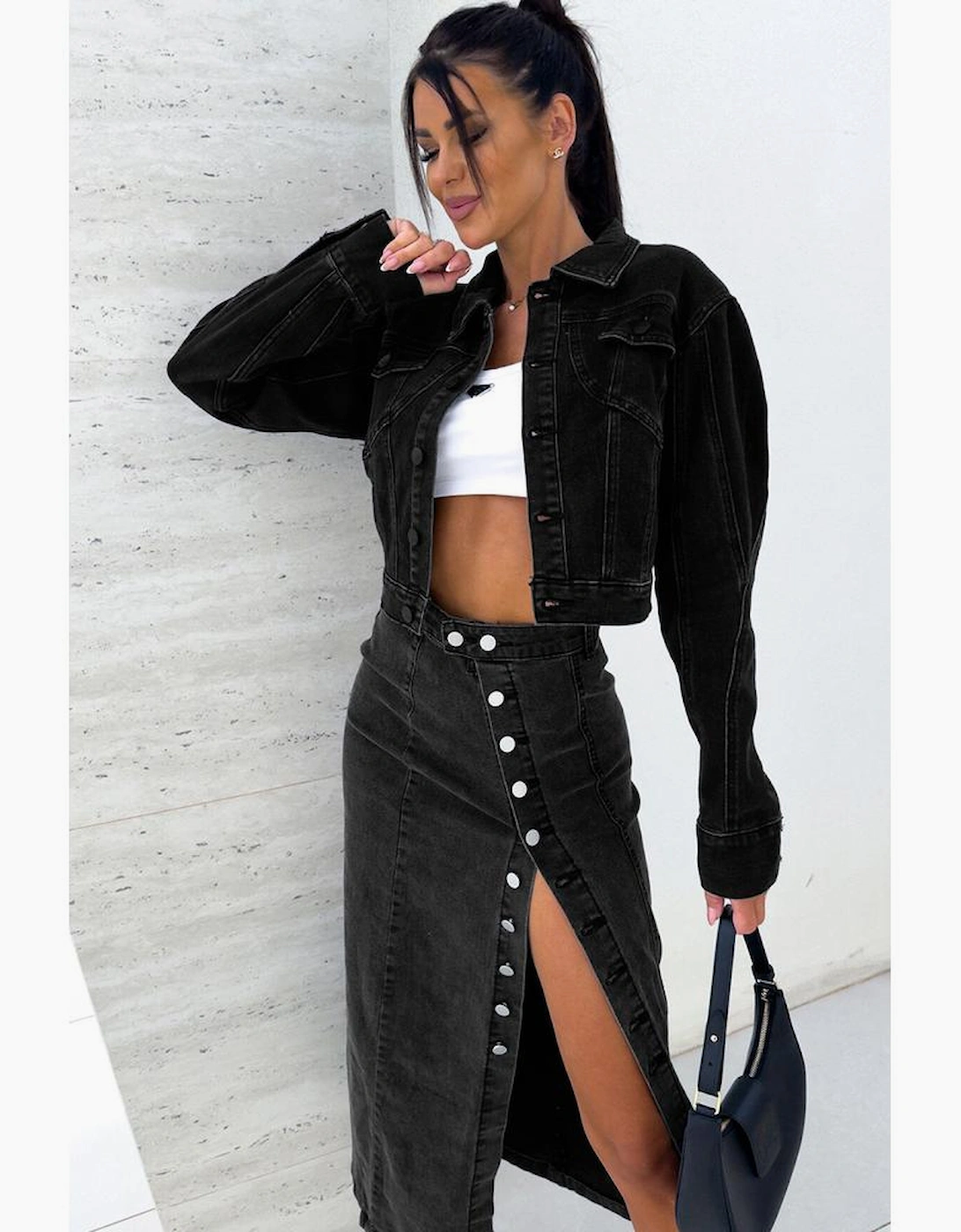 Black Button Fly Side Split High Waist Denim Midi Skirt