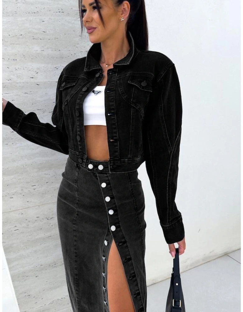 Black Button Fly Side Split High Waist Denim Midi Skirt