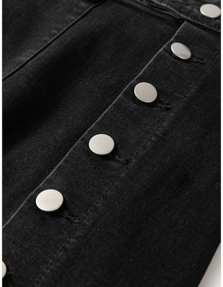 Black Button Fly Side Split High Waist Denim Midi Skirt