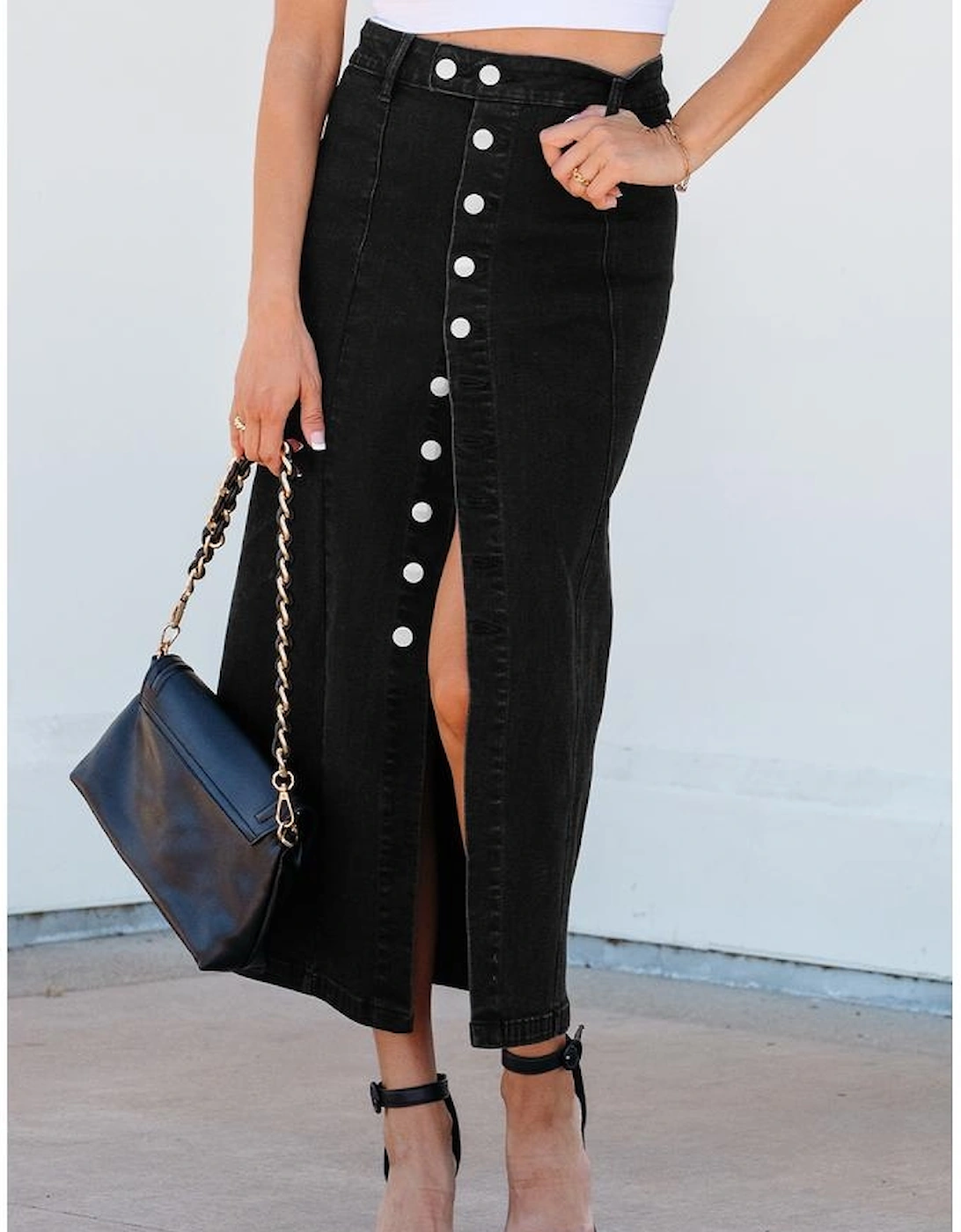 Black Button Fly Side Split High Waist Denim Midi Skirt