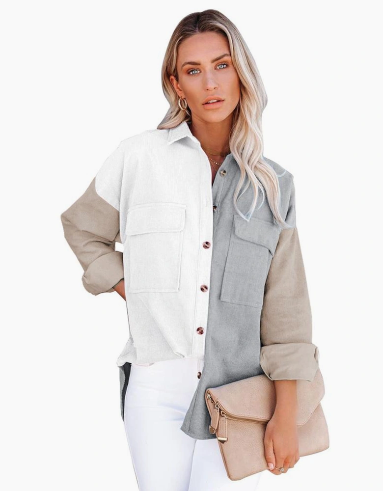 White Color Block Button Shirt with Pocket
