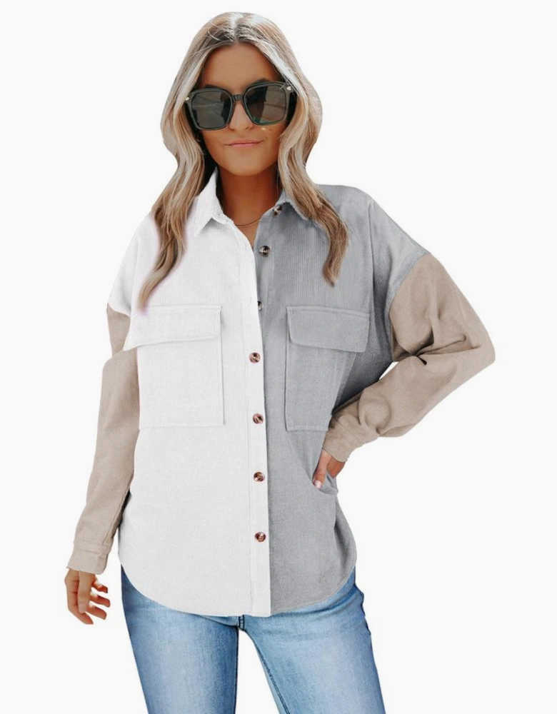 White Color Block Button Shirt with Pocket
