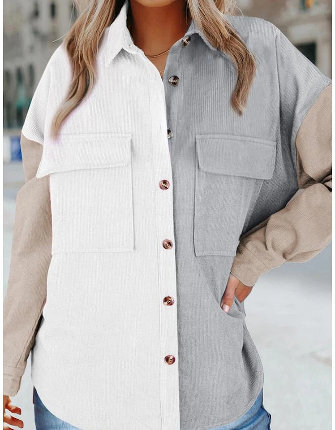 White Color Block Button Shirt with Pocket