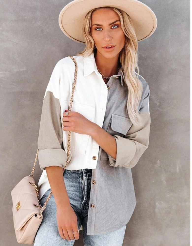 White Color Block Button Shirt with Pocket