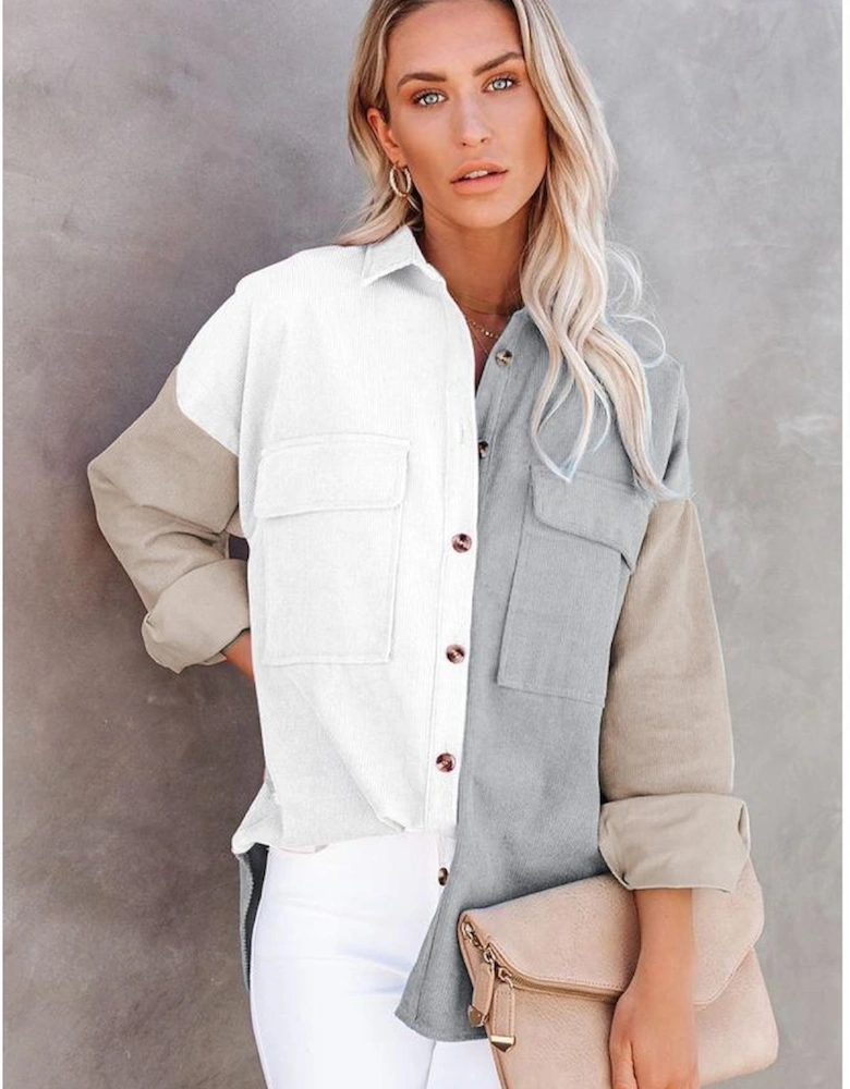 White Color Block Button Shirt with Pocket