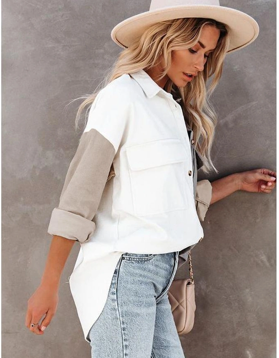 White Color Block Button Shirt with Pocket