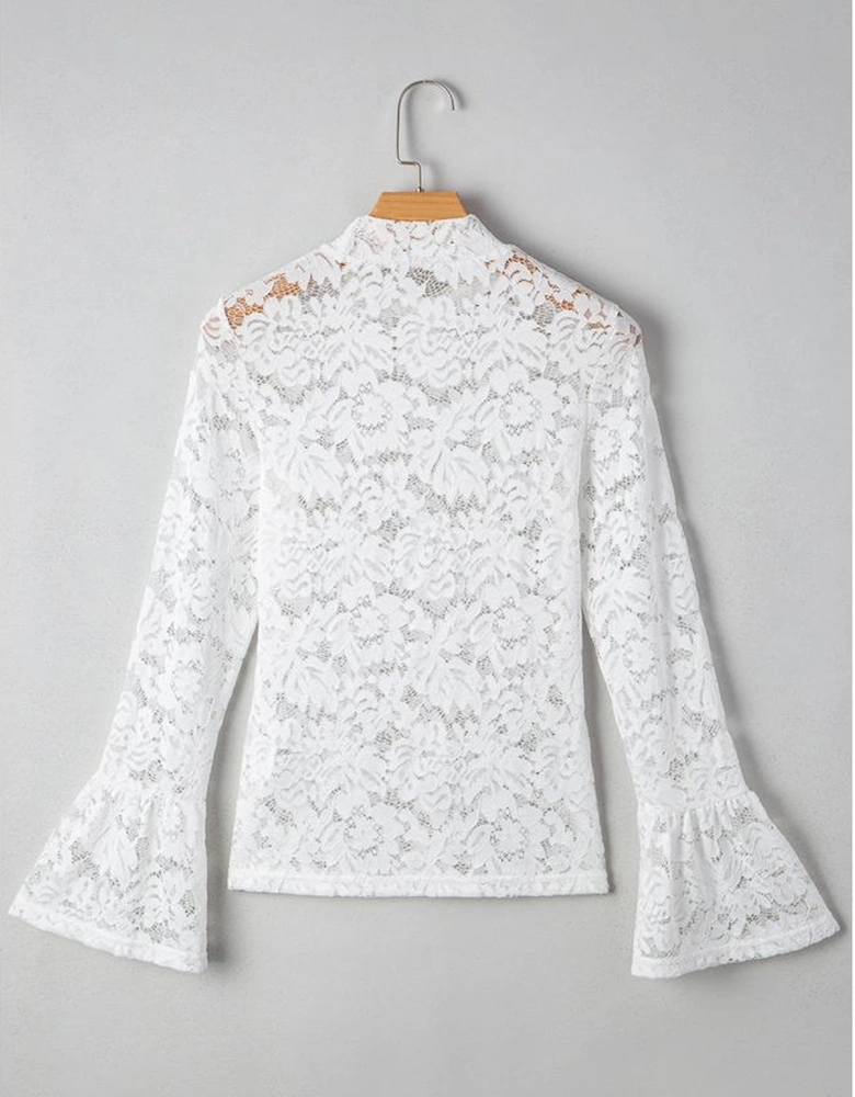 White Lace Crochet Bell Sleeve Mock Neck Blouse