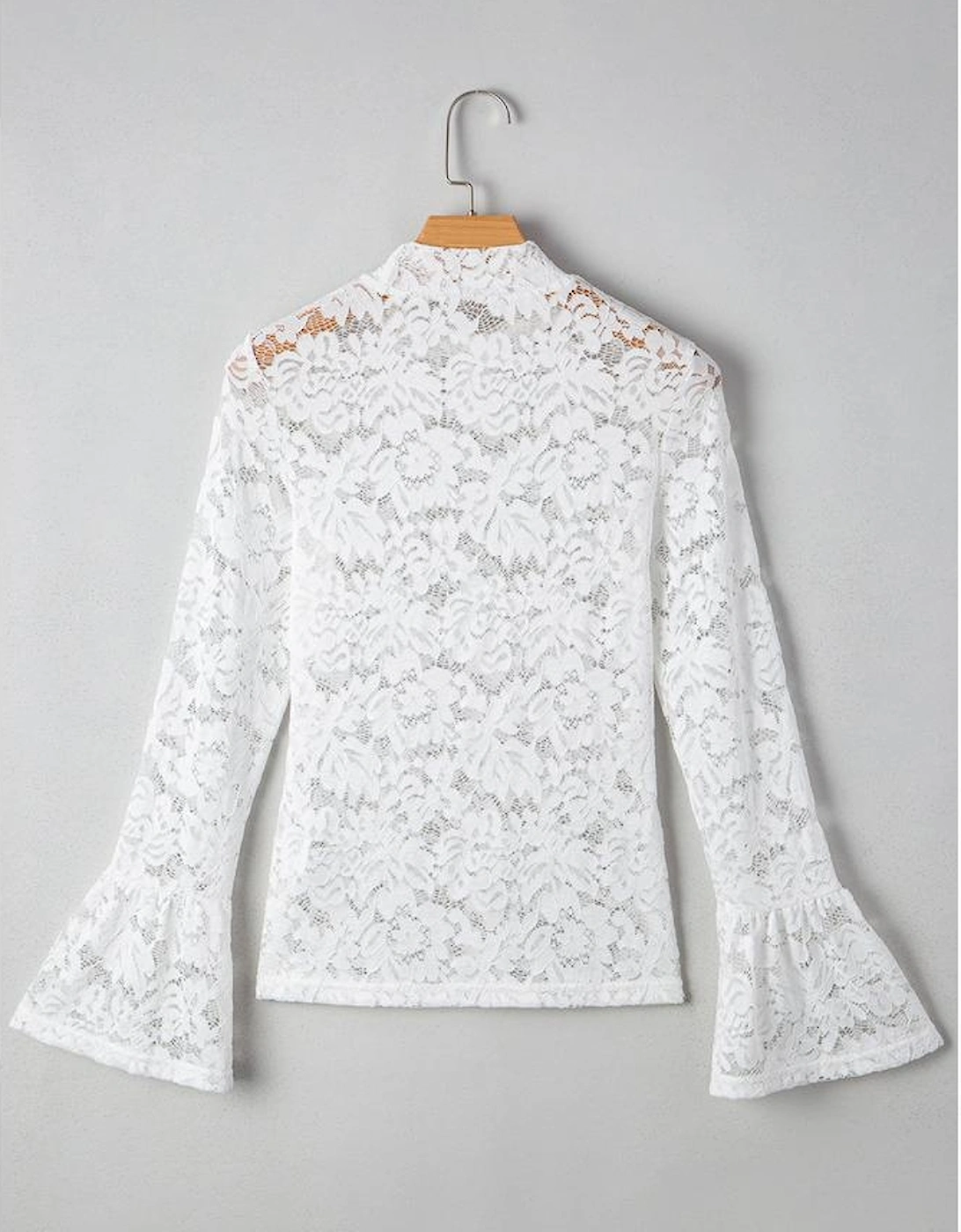 White Lace Crochet Bell Sleeve Mock Neck Blouse
