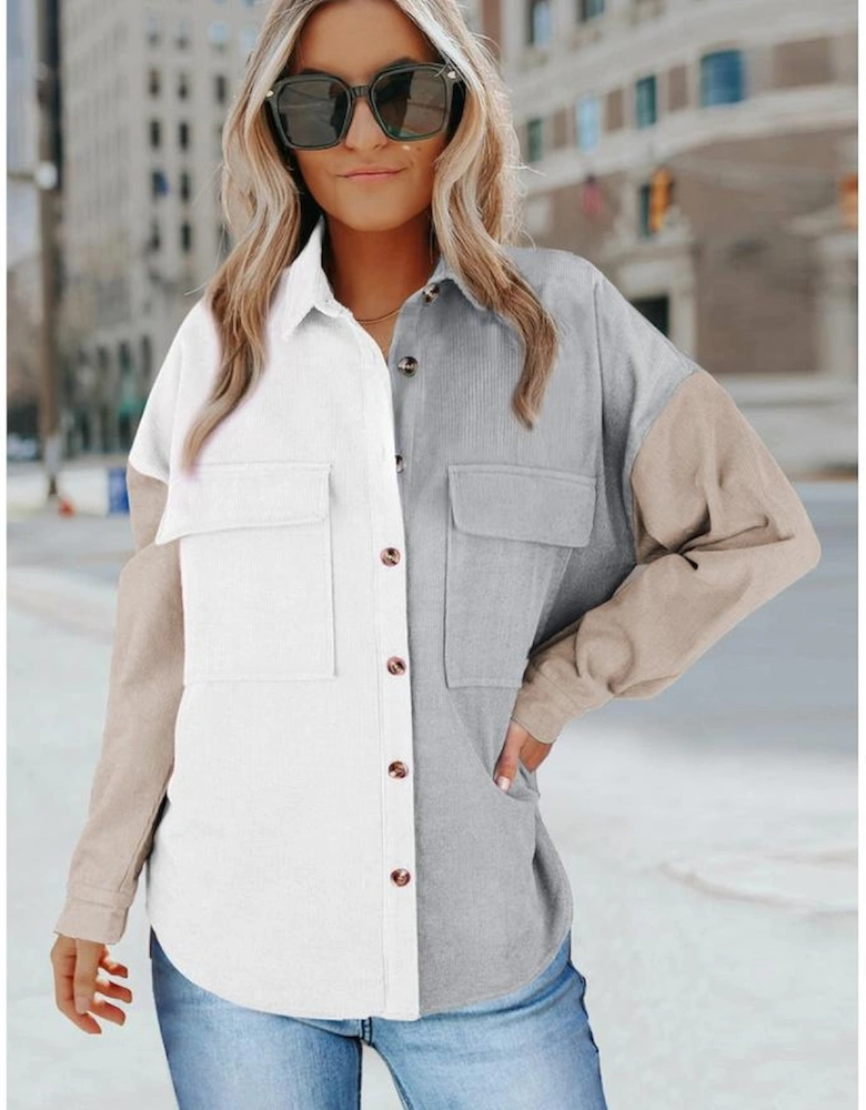 White Color Block Button Shirt with Pocket