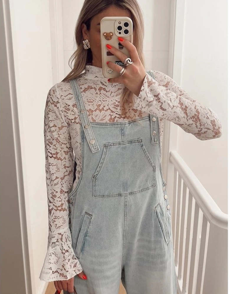 White Lace Crochet Bell Sleeve Mock Neck Blouse