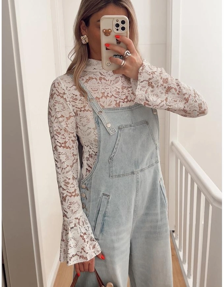 White Lace Crochet Bell Sleeve Mock Neck Blouse