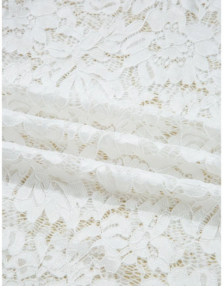 White Lace Crochet Bell Sleeve Mock Neck Blouse