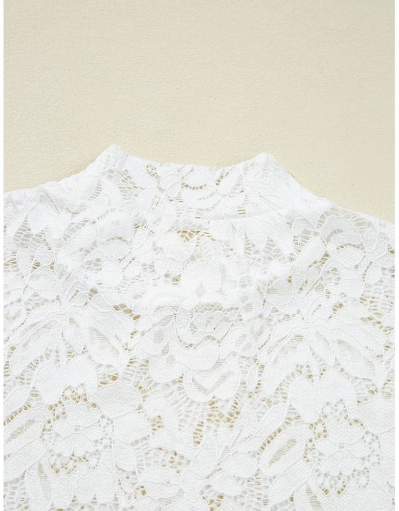 White Lace Crochet Bell Sleeve Mock Neck Blouse