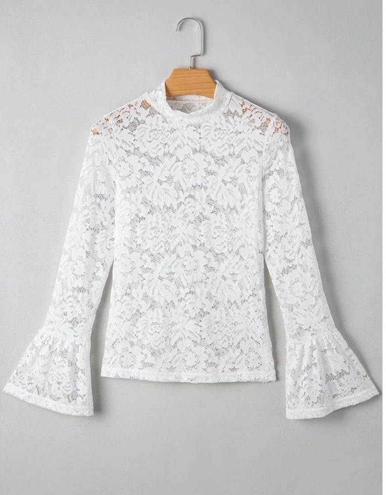 White Lace Crochet Bell Sleeve Mock Neck Blouse