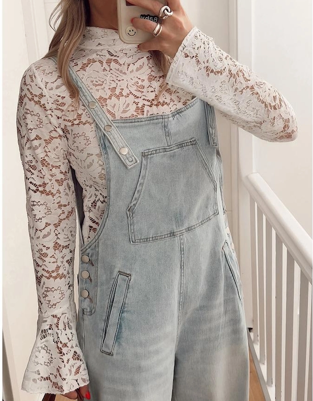 White Lace Crochet Bell Sleeve Mock Neck Blouse