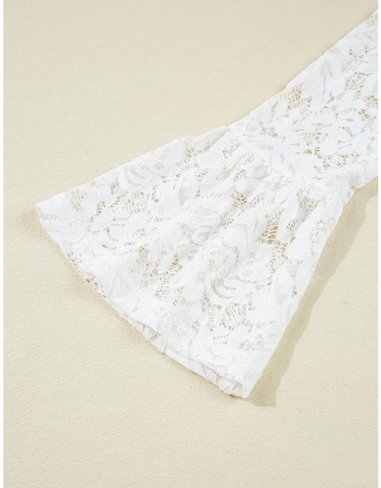 White Lace Crochet Bell Sleeve Mock Neck Blouse