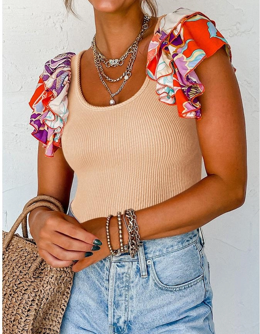 Parchment Ribbed Knit Tiered Ruffled Sleeve Bodysuit, 5 of 4