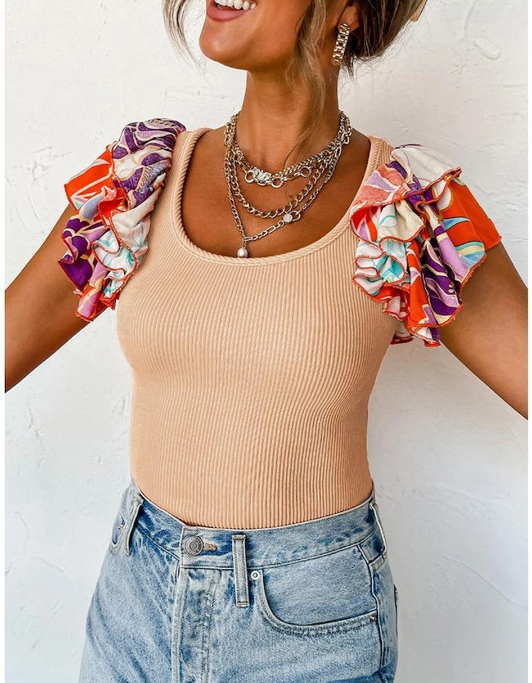 Parchment Ribbed Knit Tiered Ruffled Sleeve Bodysuit