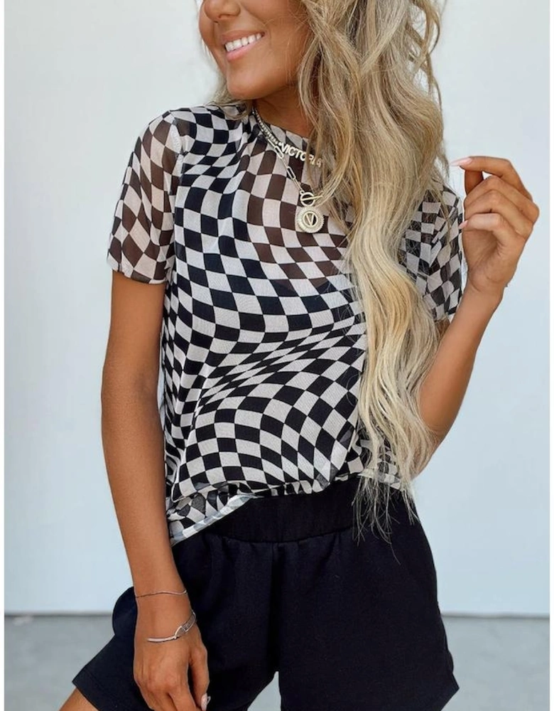 Black Checker Mesh Crew Neck T Shirt
