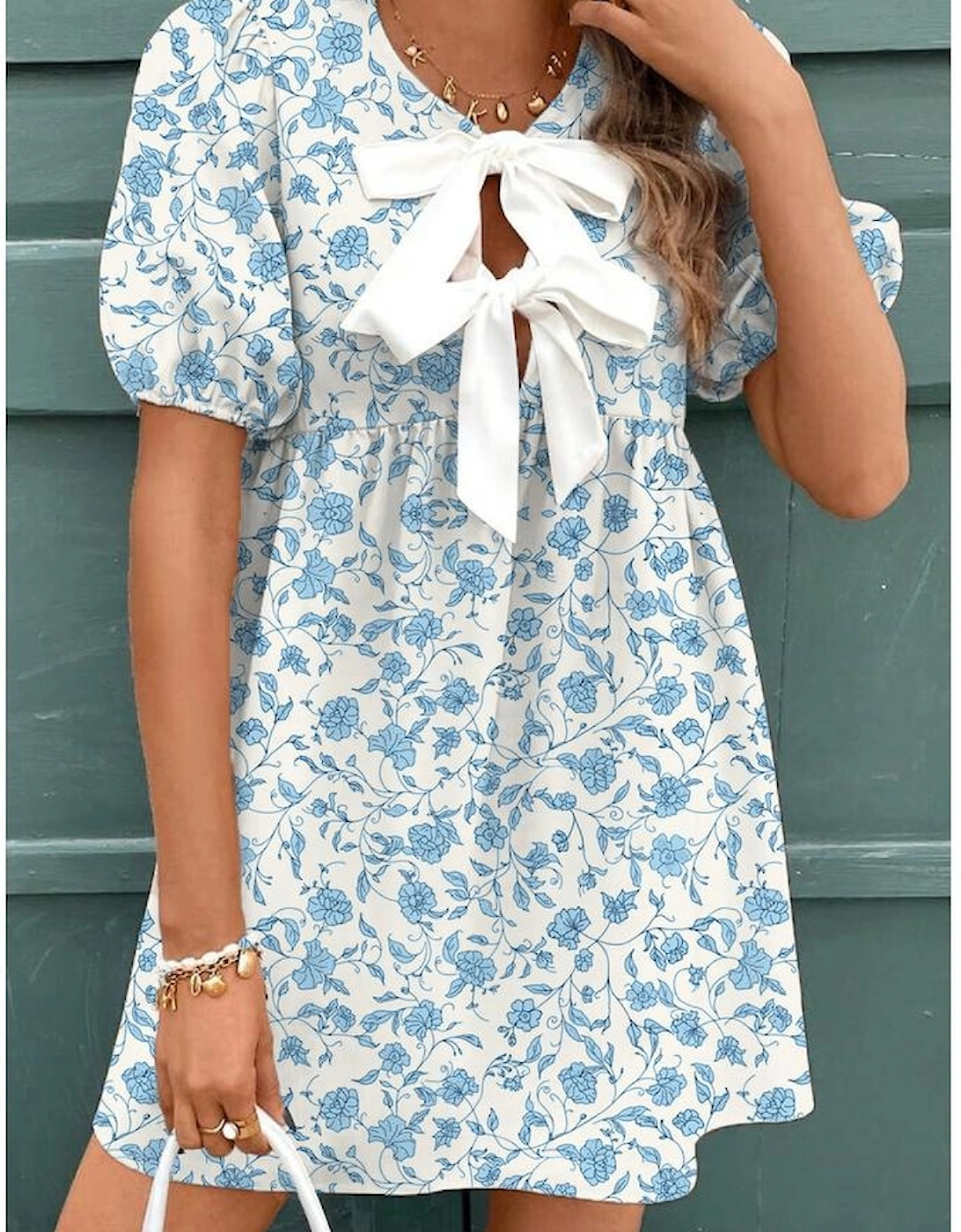 Sky Blue Floral Contrast Bow Puff Sleeve Mini Dress