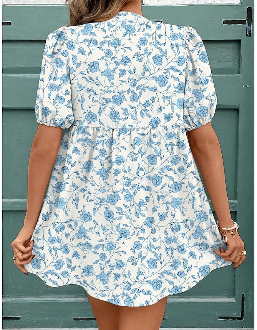 Sky Blue Floral Contrast Bow Puff Sleeve Mini Dress, 3 of 2