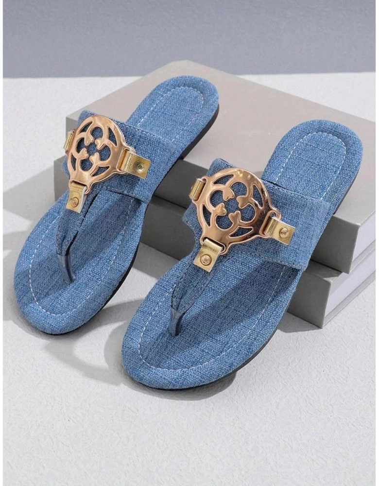Azura Exchange Dusk Blue Metal Decor Leather Thong Slippers