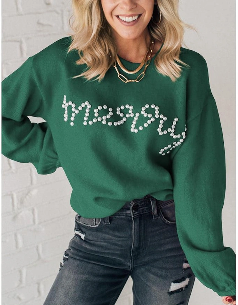 Blackish Green Pearl Beaded Merry Casual Sweater