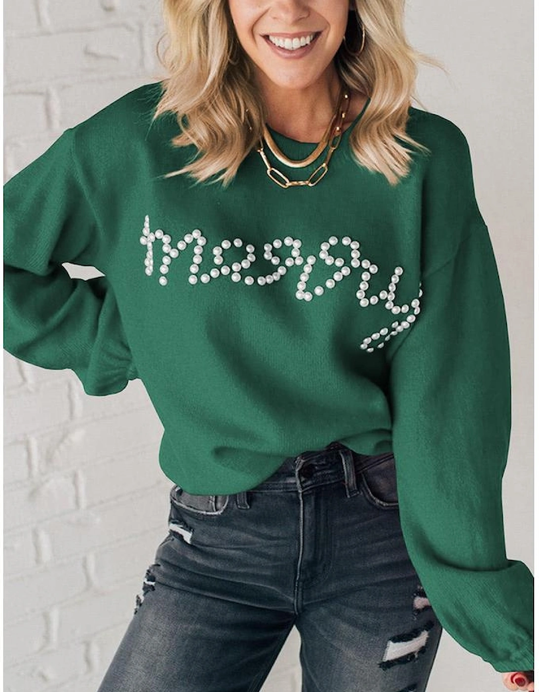 Blackish Green Pearl Beaded Merry Casual Sweater