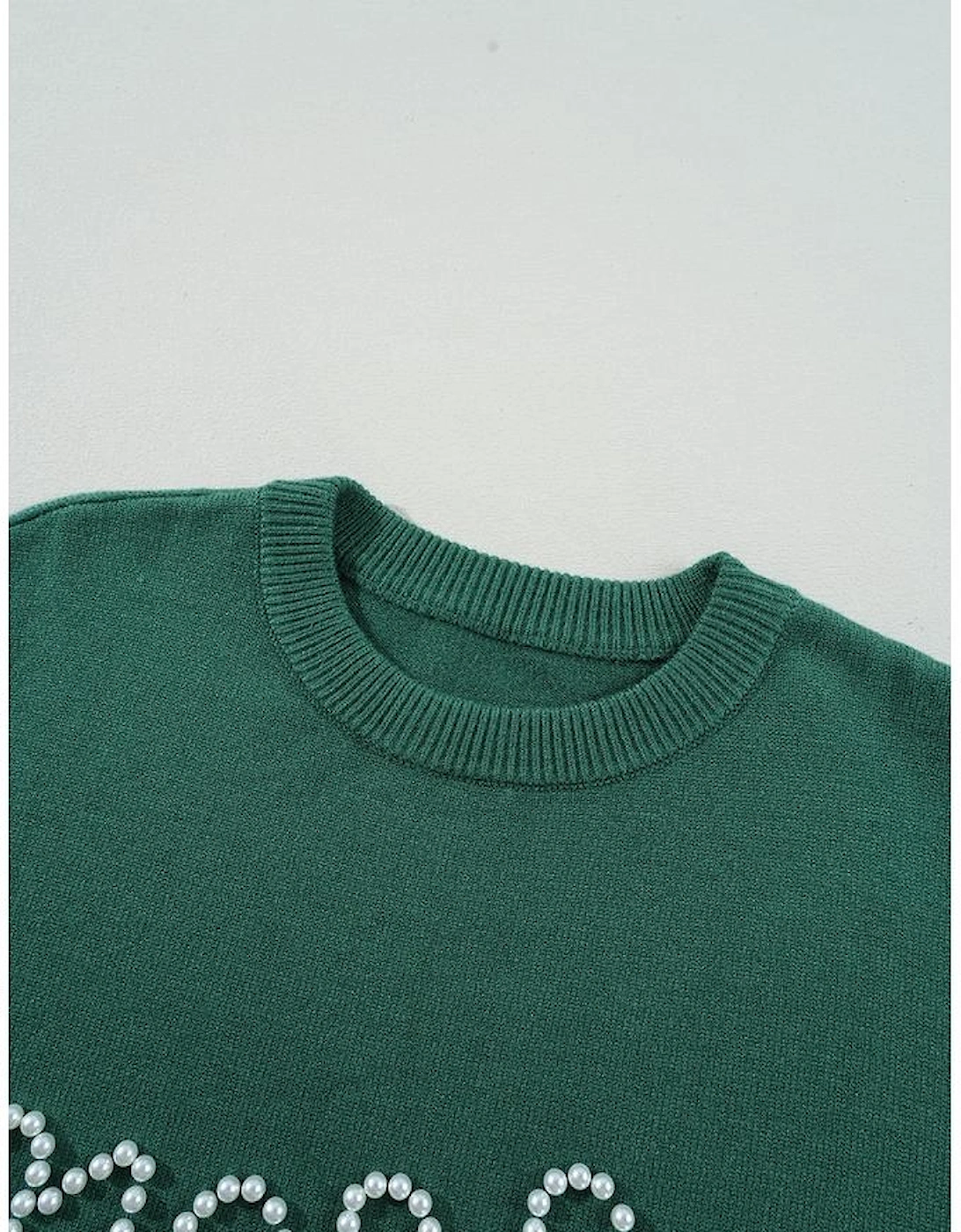 Blackish Green Pearl Beaded Merry Casual Sweater